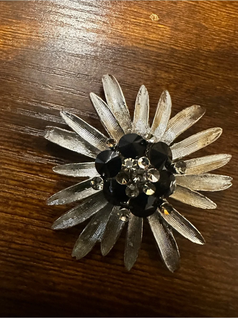 Silver Flower Brooch with Black and Clear Rhinestones